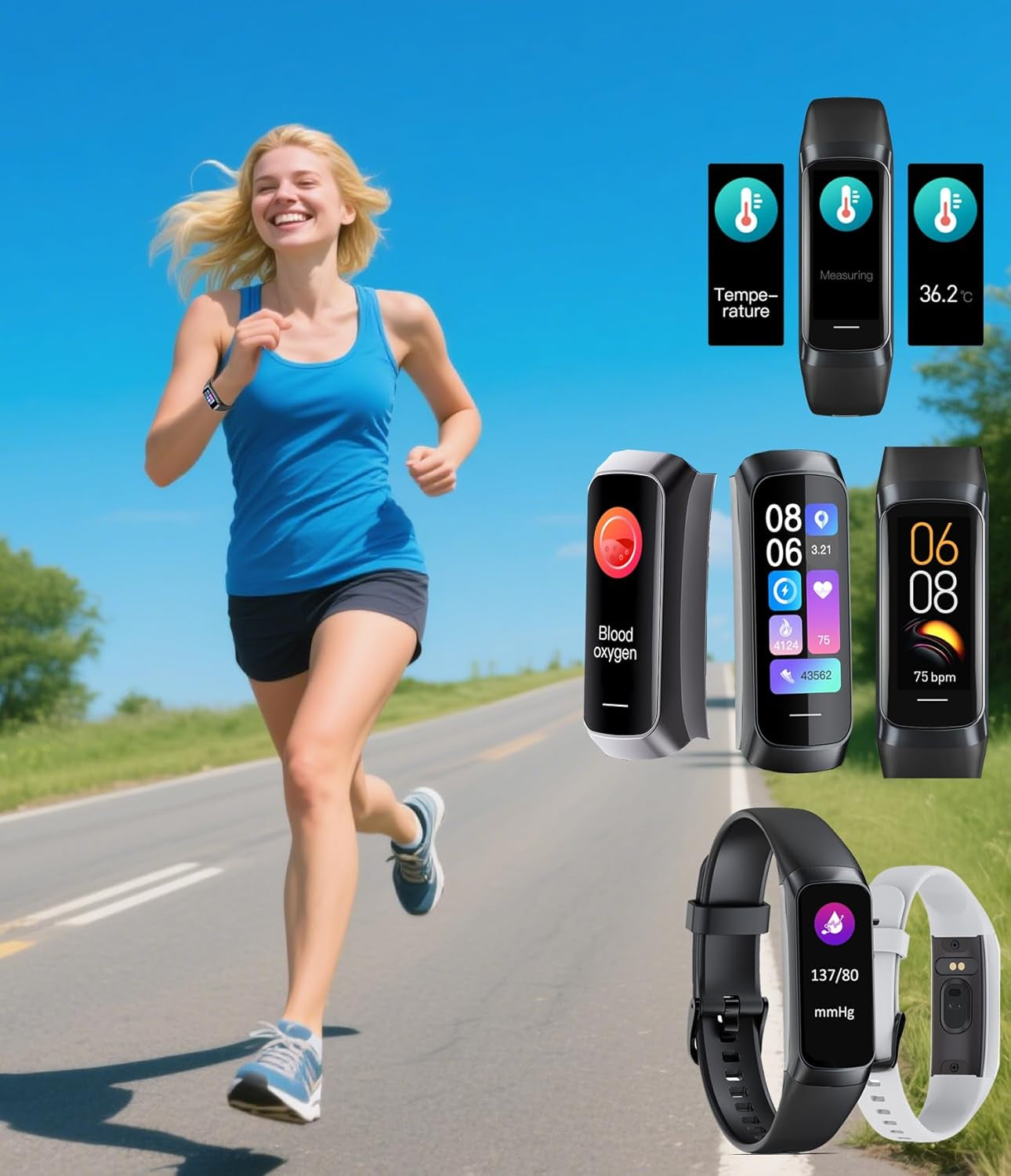 Keep Health Fitness Trackers for Women Men, Amoled Fitness Tracker for Android&Ios, Alarm Stopwatch Fitness Tracker with Blood Pressure Monitor, Calories Burned IP68 Waterproof Fitness Step Tracker